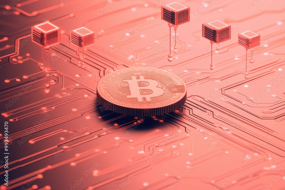 Poster a stylized digital coin with a circuit board background symbolizing the technological foundation of 