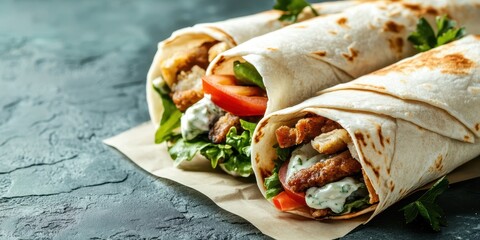 Delicious wraps filled with grilled chicken, fresh vegetables, and creamy sauce, perfect for a tasty meal.