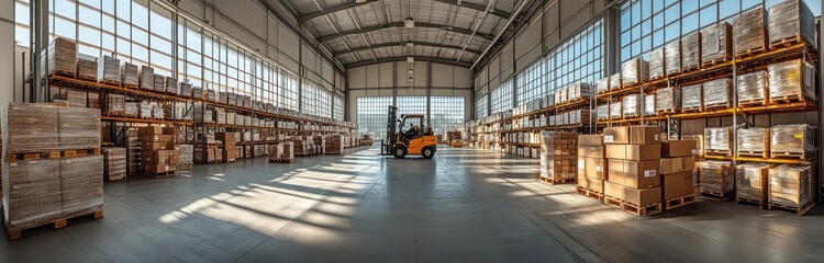 A large warehouse with numerous pallets and boxes