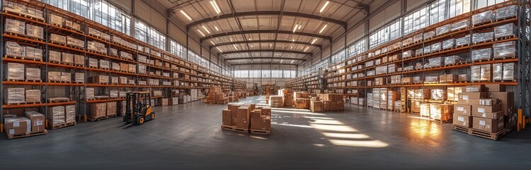 Fototapeta premium A large warehouse with shelves filled with goods along the sides