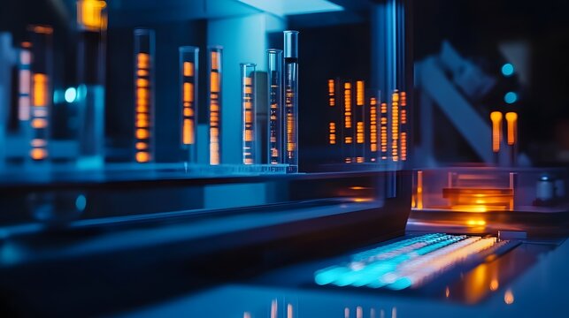 DNA Sequencing Machine Illuminating a Sterile Bioscience Lab with Digital Data Streams