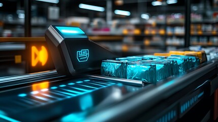 Close-up of an automatic checkout station scanning items from a shopping spree, with sleek, futuristic packaging 
