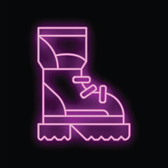 Glowing neon sign of a hiking boot with laces on a black background