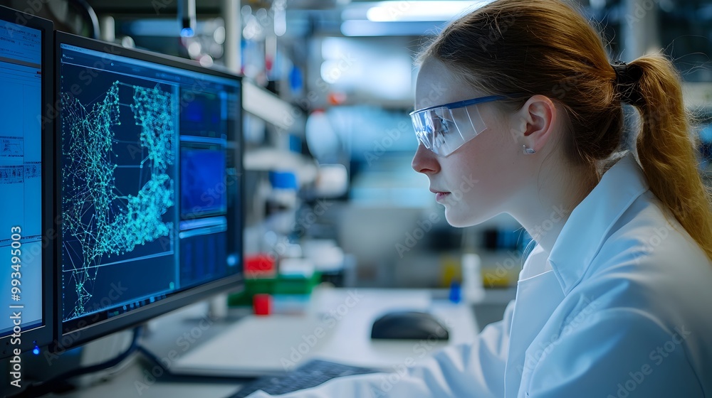 Aufkleber biotech researcher utilizing advanced computer software to design synthetic biological materials