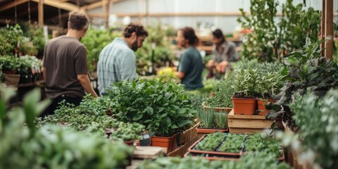 People interacting with plants in a lush greenhouse, showcasing gardening and sustainable living.