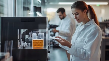Obraz premium Researchers Collaborating in Futuristic Biotechnology Laboratory with 3D Printing Equipment