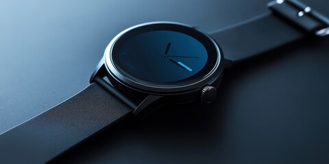 Stylish black watch with a modern design, featuring a sleek blue face and leather strap, perfect for any occasion.