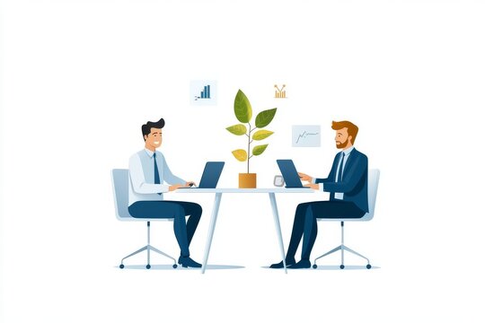Two professionals working collaboratively at a modern office table with laptops and a decorative plant.