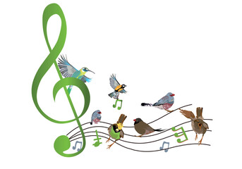 Abstract nature treble clef decorated with summer and spring flowers, notes, birds. Light and relax music. Hand drawn vector illustration.