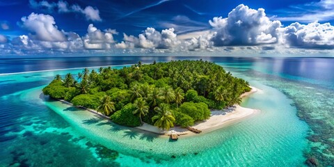 Obraz premium Serene Maldives Island Wallpaper with Turquoise Waters, White Sands, and Lush Tropical Vegetation