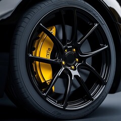 Fototapeta premium Close up shot of black light alloy wheels with yellow brake disc pad, low-profile tires of a car.