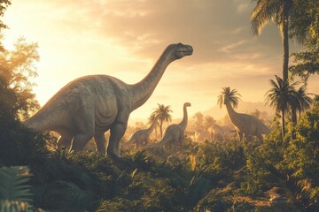 Brontosaurus herd in a beautiful landscape.