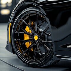 A black car with orange stripes and gold rims