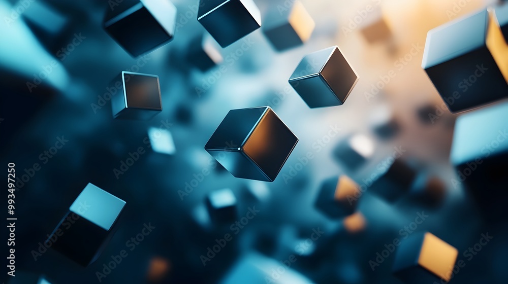 Poster floating 3d cubes and graphs represent creative business data strategy