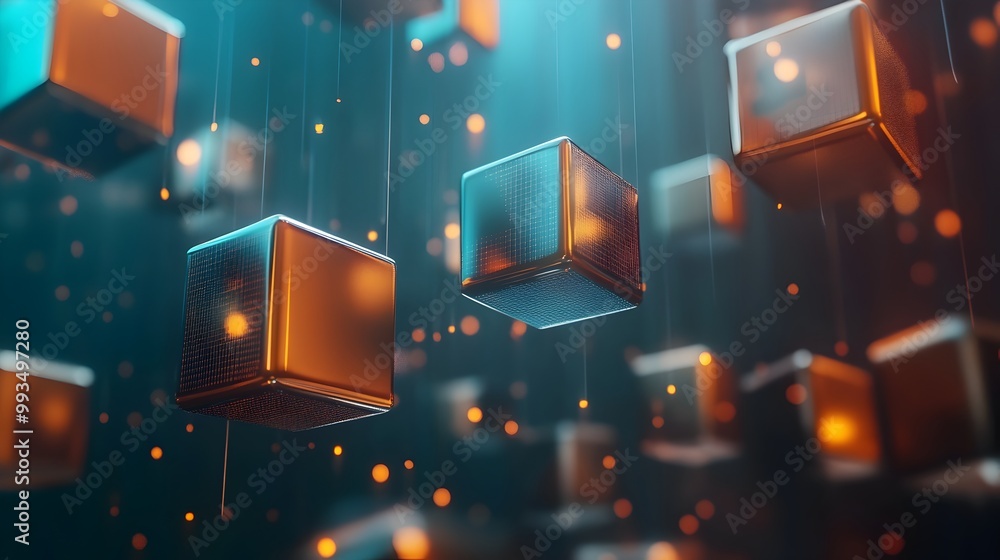 Aufkleber floating 3d geometric cubes and graphs representing data and creative business strategy