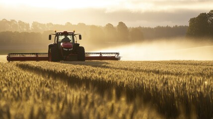 Naklejka premium A large red tractor drives through a wheat field, releasing a fine mist of pesticide, ensuring crop protection.