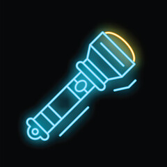 Blue and yellow neon sign of a flashlight shining brightly in the dark