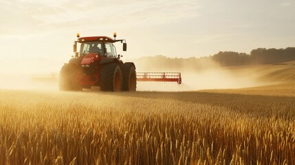 Fototapeta premium A large red tractor drives through a wheat field, releasing a fine mist of pesticide, ensuring crop protection.
