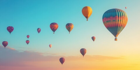 Naklejka premium A breathtaking view of colorful hot air balloons soaring into a vibrant sunset sky, creating a serene and uplifting scene.