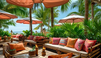 resort hotel An outdoor coffee space with a tropical theme, featuring bamboo furniture, palm trees, tiki torches, and vibrant green plants. Add colorful cushions and umbrellas to enhance the relaxed