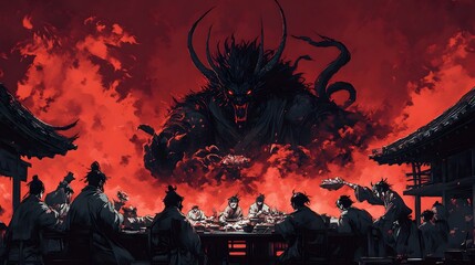 Demon Army's Destructive Feast in Minimalist Anime Landscape