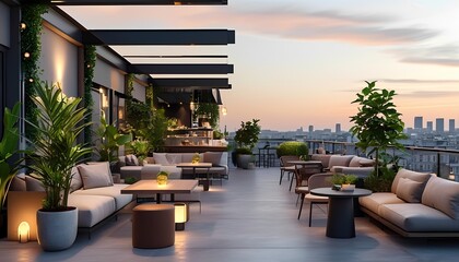luxury Create a stylish rooftop cafe with comfortable seating, minimalist decor, and panoramic views of the city. Use sleek outdoor furniture, plants in modern planters, and soft lighting
