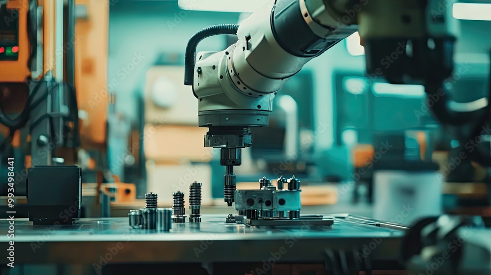 Aufkleber a robotic arm assembling parts in a factory, showcasing the automation and precision of modern indus