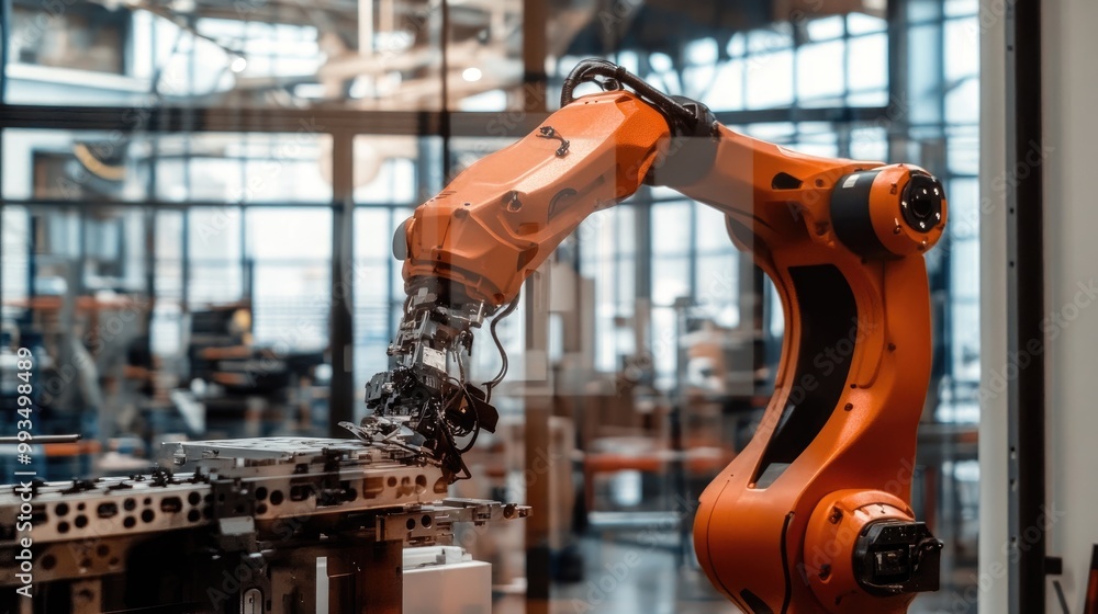 Poster a robotic arm assembling parts in a factory, showcasing the automation and precision of modern indus