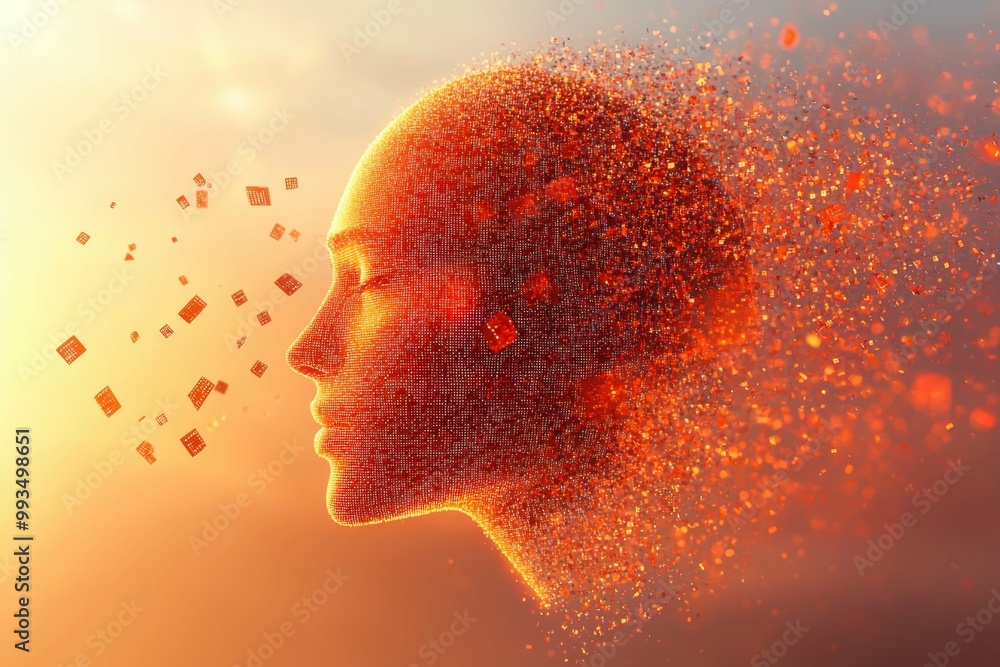 Poster Data Streaming Visual. Abstract human head composed of glowing red particles dissolving into square fragments, digital transformation concept, technology innovation background, futuristic design for