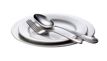 Elegant Dinner Table Arrangement: White Plate with Silver Cutlery on White Background