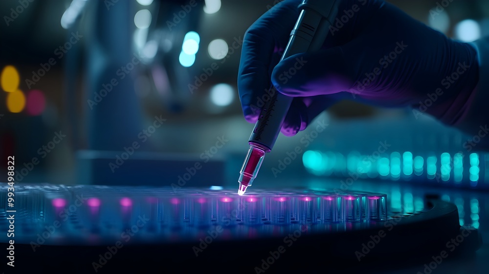 Poster close-up of gene editing tool in use by researcher in high-tech laboratory