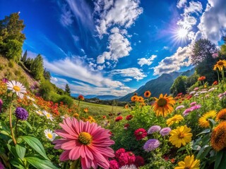 Fototapeta premium Serene Natural Landscape with Lush Greenery, Vibrant Flowers, and Clear Blue Skies in Harmony