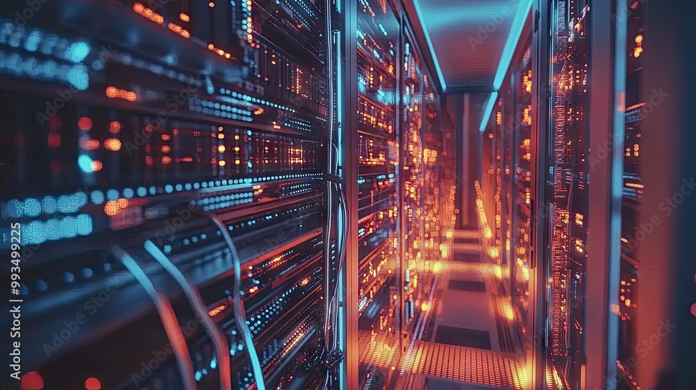 Poster a server room filled with glowing racks of data servers and cables, showcasing the heart of cloud co