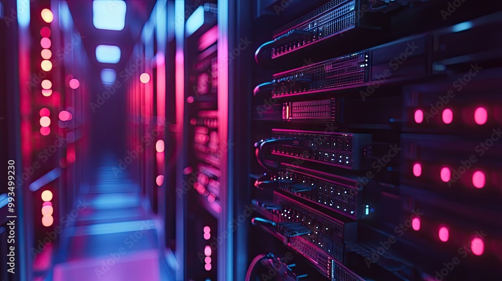 Poster a server room filled with glowing racks of data servers and cables, showcasing the heart of cloud co