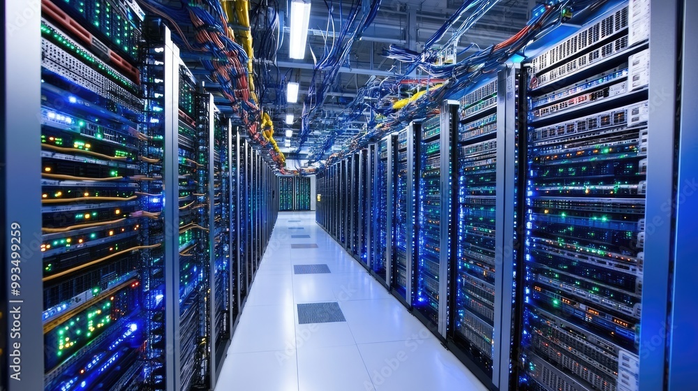 Poster a server room filled with glowing racks of data servers and cables, showcasing the heart of cloud co