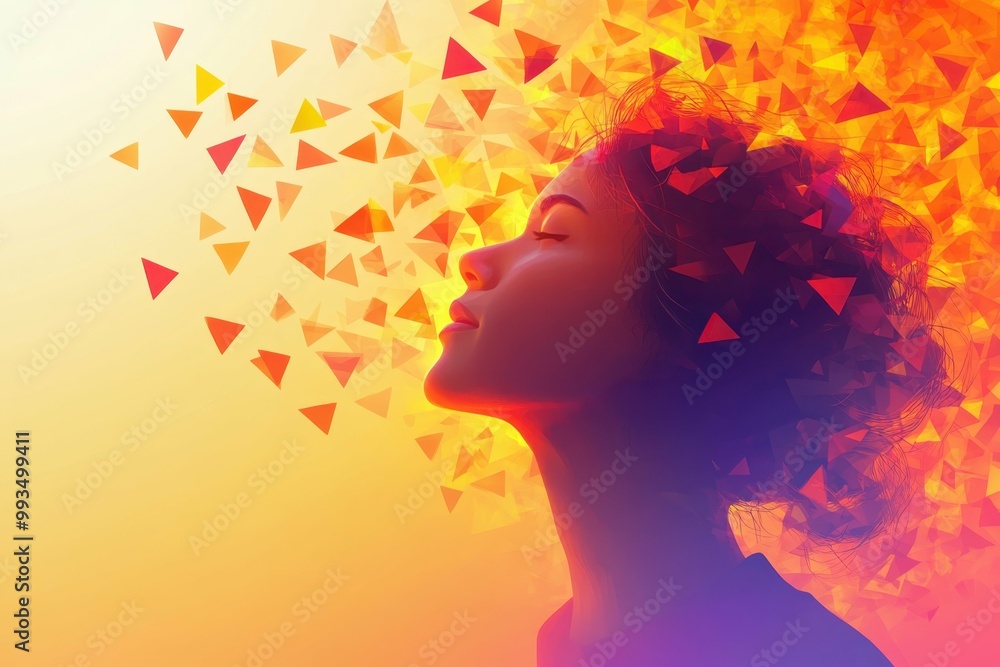 Fototapete a stylized image of a person under a rain of sharp triangular shapes symbolizing the constant barrag