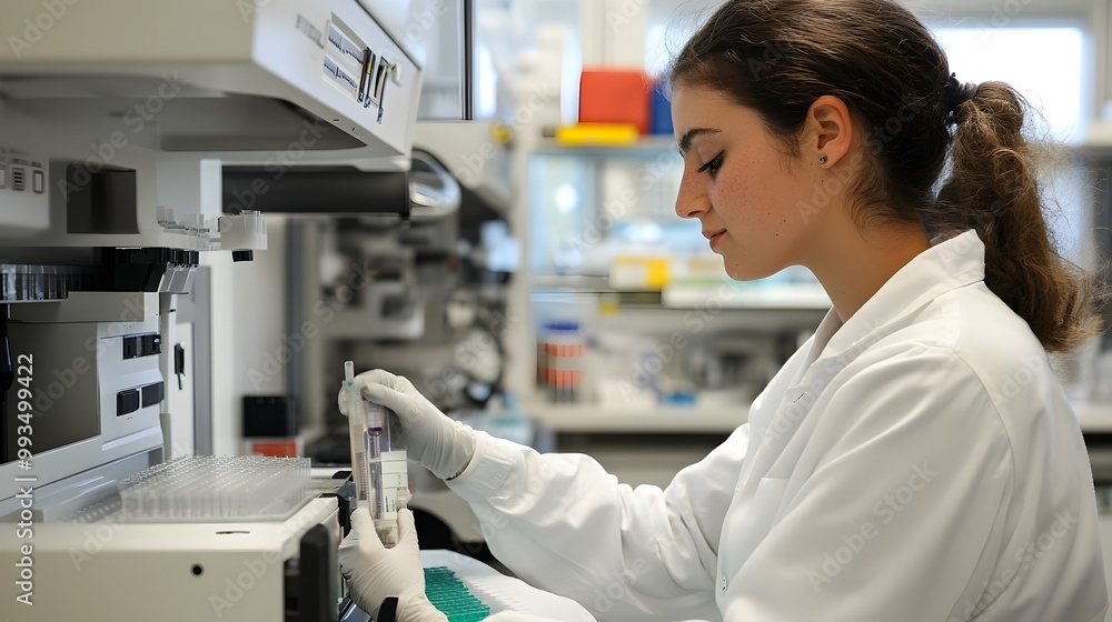 Aufkleber scientist programming robotic equipment for genetic engineering projects in sterile lab