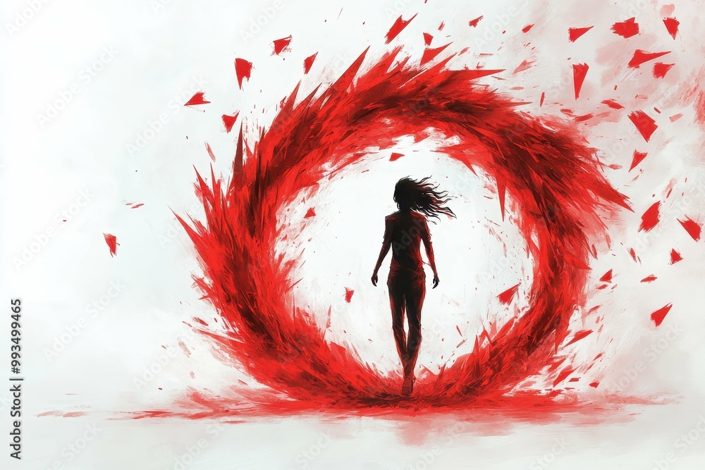 Poster a stylized person being surrounded by a ring of sharp red shapes symbolizing the entrapment of cyber
