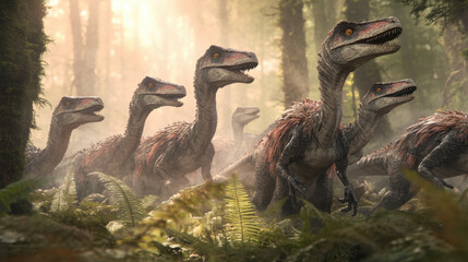 A group of Velociraptors stalking their prey in a mist-covered forest, their eyes glowing with intensity. The forest floor is covered in