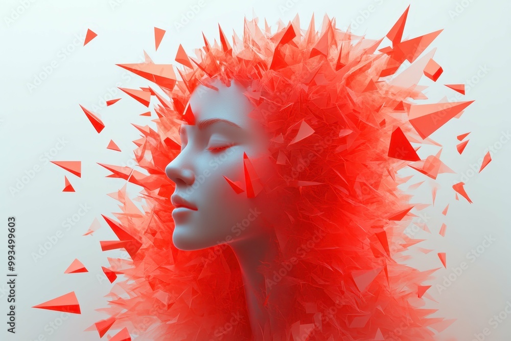 Poster creative tech explosion. surreal female portrait with fragmented red geometric shapes exploding from