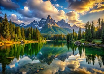 Obraz premium Serene Nature Landscapes Featuring Majestic Mountains, Lush Forests, and Tranquil Water Scenes