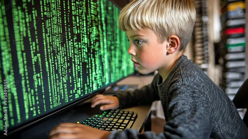 Poster young child focused on coding with green text on a computer screen generative ai