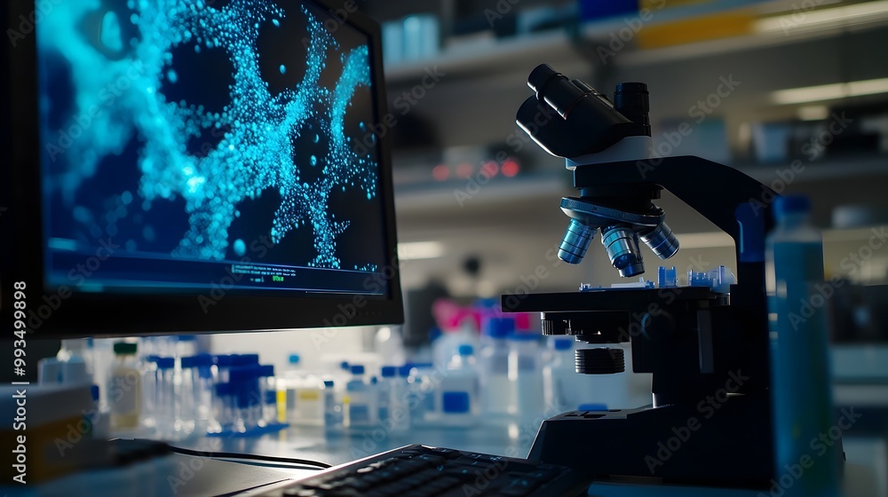 Poster genetically engineered bacteria displayed on digital screen in laboratory