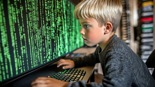 Young Child Focused on Coding With Green Text on a Computer Screen Generative AI