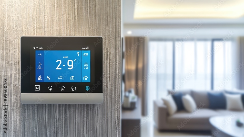 Poster a smart thermostat interface on a wall, allowing for temperature control and energy efficiency in a 