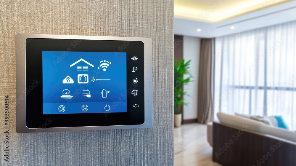 Poster a smart thermostat interface on a wall, allowing for temperature control and energy efficiency in a 