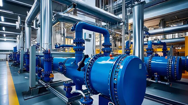 Industrial pipeline system with blue machinery, highlighting manufacturing, engineering, fluid transport, and modern industrial technology.

