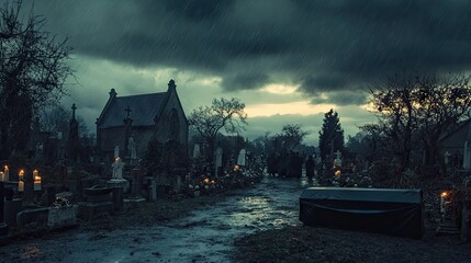 A solemn funeral procession with a coffin being carried under dark clouds in a rain-soaked graveyard, with distant mourners.