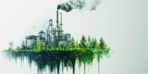 A fusion of industry and nature showcasing a factory surrounded by greenery, symbolizing environmental sustainability.