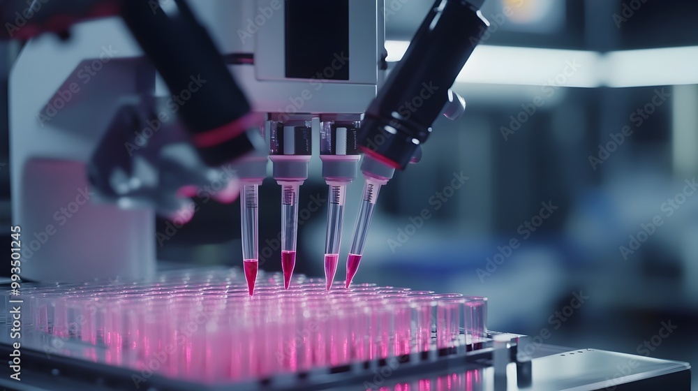 Aufkleber advanced pipetting robots handling genetic samples in biotechnology lab